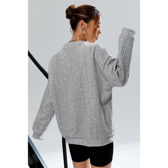 Azura Exchange  Gray Cable Textured Drop Shoulder Pullover Sweatshirt - Picture 7 of 7